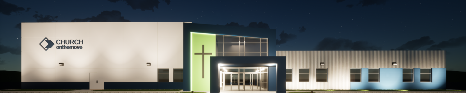 Architectural rendering of the Church On The Move's main entrance at night, with an illuminated green cross and patterned paved pathway.