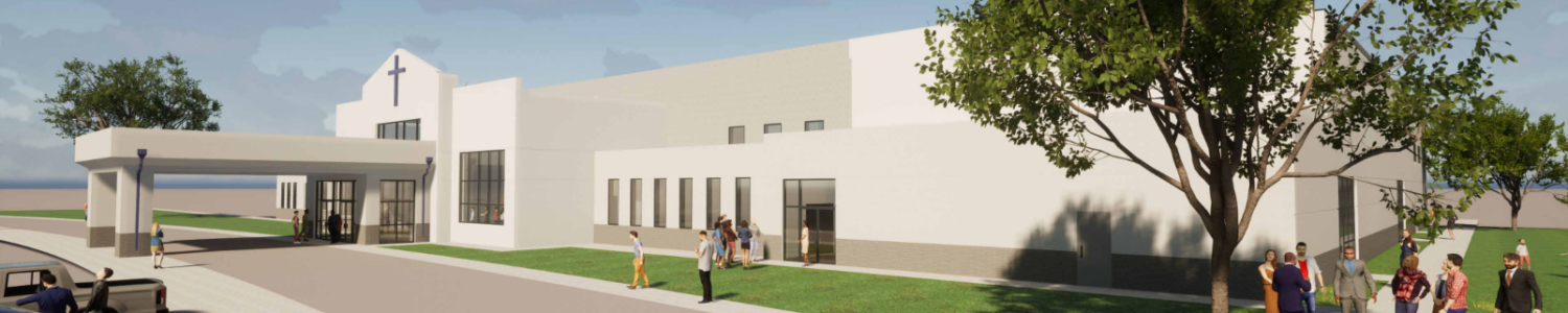 Architectural rendering showing the side exterior of Ninth & O Baptist Church, highlighting its modern facade with multiple windows and a distinct entrance.
