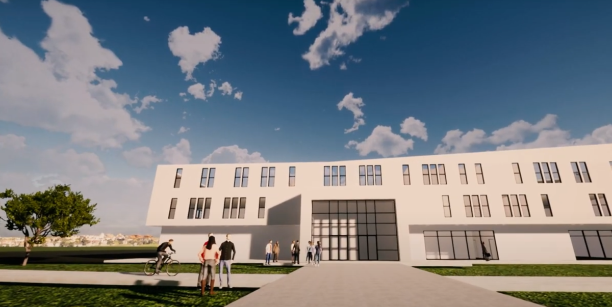 Architectural rendering of a modern white building with people outside under a blue sky