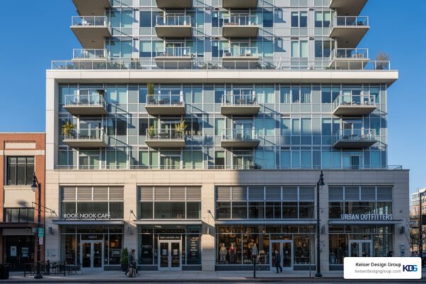 modern mixed-use building with residential balconies and ground-floor retail - commercial and residential building design