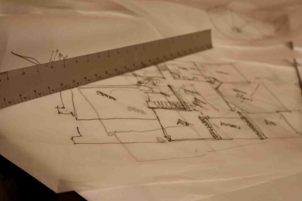 architectural plan on a drafting table with blueprints and technical drawings - architectural plan