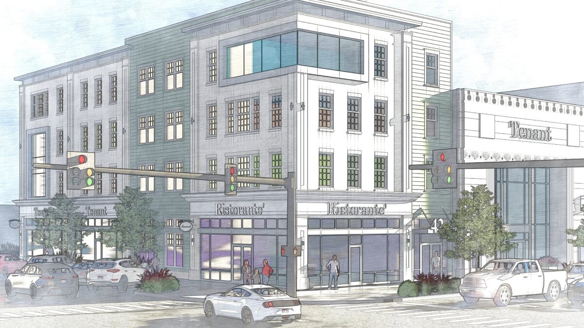 Street-level rendering of a mixed-use building with storefronts, apartments, cars, and traffic lights