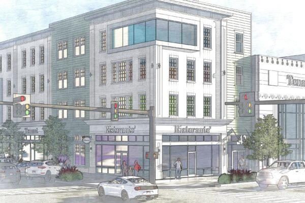 Street-level rendering of a mixed-use building with storefronts, apartments, cars, and traffic lights