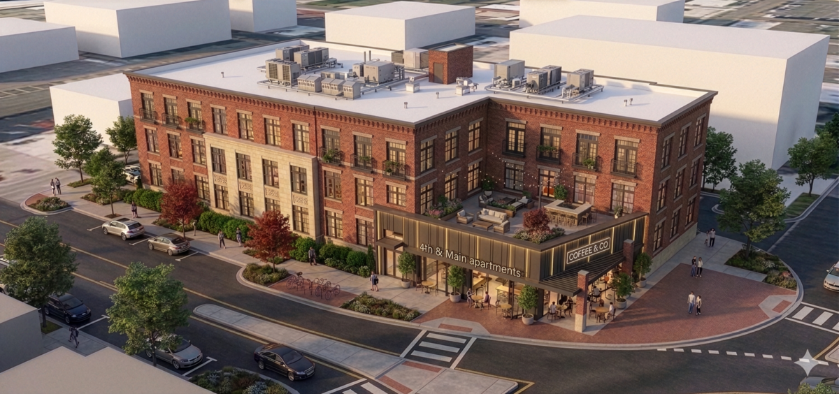 Rendering of a brick apartment building with a corner coffee shop and rooftop terrace in a city block