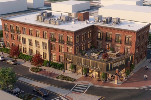 Rendering of a brick apartment building with a corner coffee shop and rooftop terrace in a city block