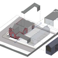 Exploded axonometric diagram of the Franklinton High School site showing the existing church and new additions