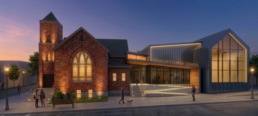 Rendering of Franklinton High School at dusk, showing the historic brick church building joined to the new glass and metal addition