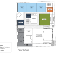 Franklinton High School first floor plan color-coded by academic, support, administrative and communal space