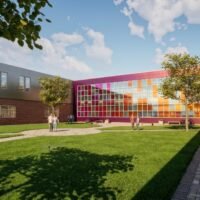 Rendering of the Granville Christian Academy courtyard with lawn, walking paths and a colorful glass curtain wall