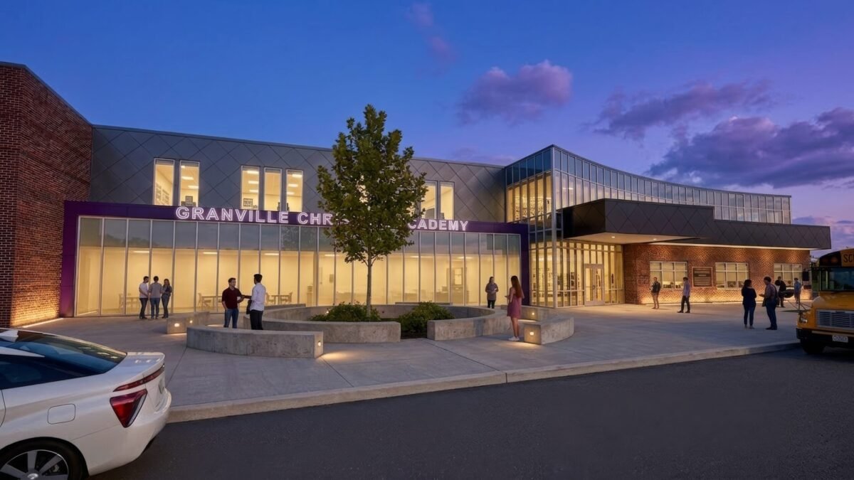 Rendering of the Granville Christian Academy entrance at dusk with lit glass storefront, tree-lined plaza and curved concrete seating