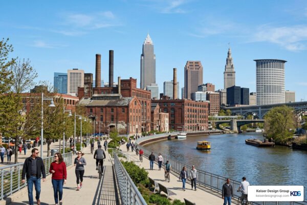 Historic industrial architecture and modern urban developments in Cleveland Ohio